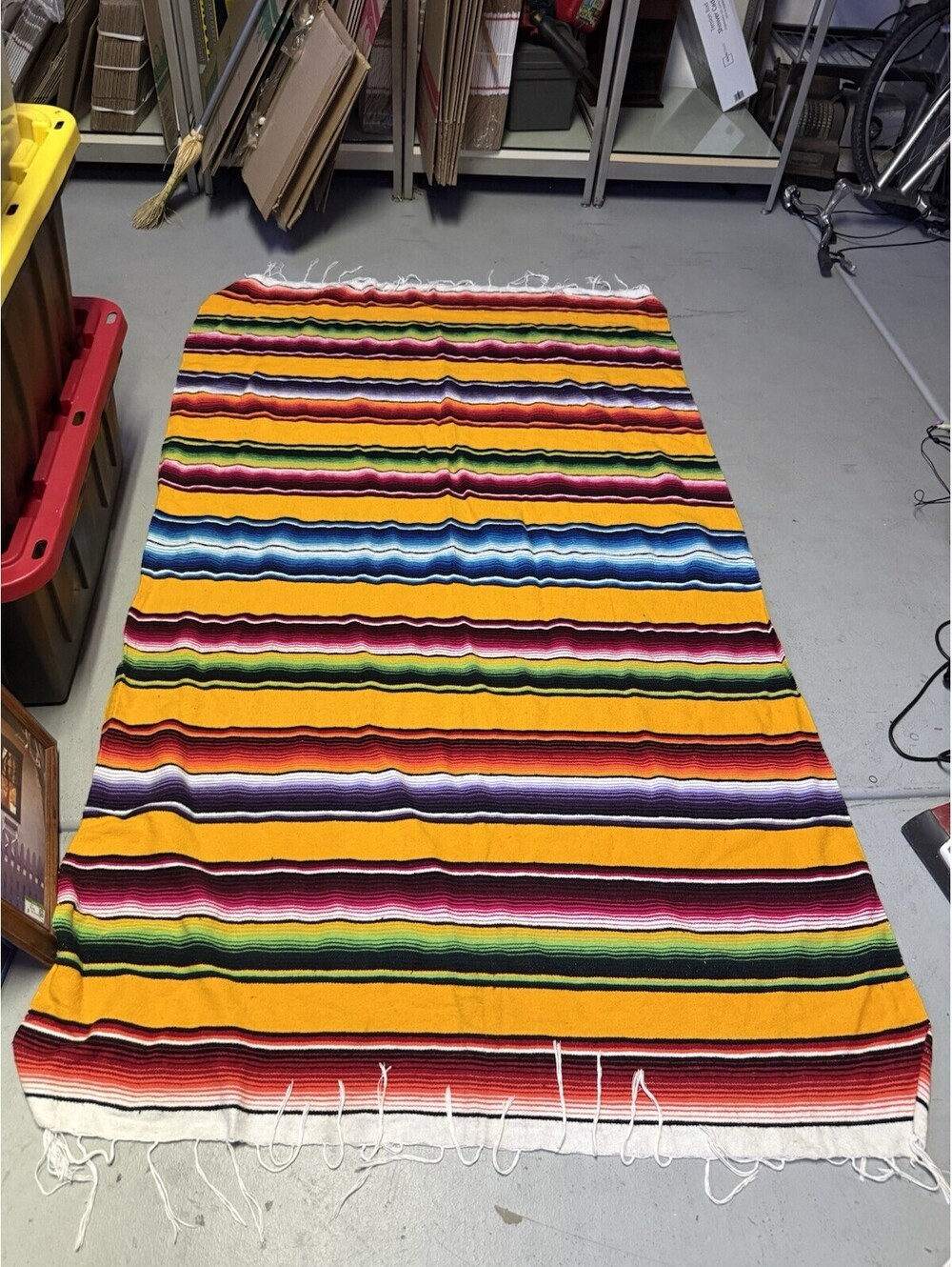 Vintage Mexican Serape Saltillo Style Blanket Rug 48x84 Multicolor Yellow Fringe